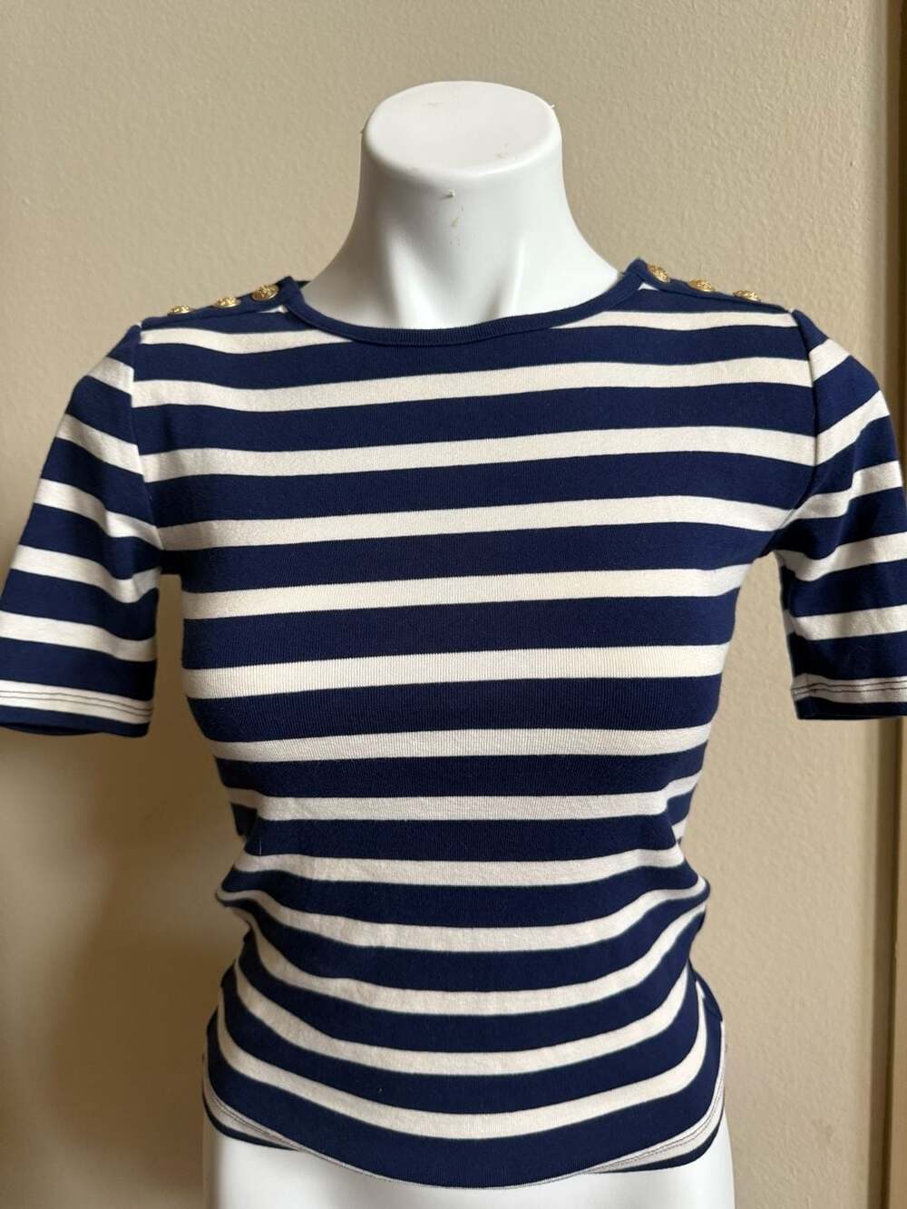 J.Crew Navy and White Striped Perfect Fit Ribbed Tee with Gold Shoulder Buttons